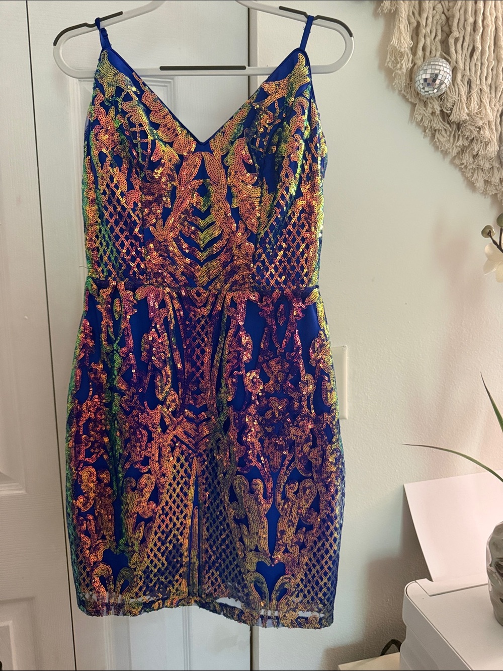 City Studio Royal Blue Sequin Mini Dress with Gold & Green Accents